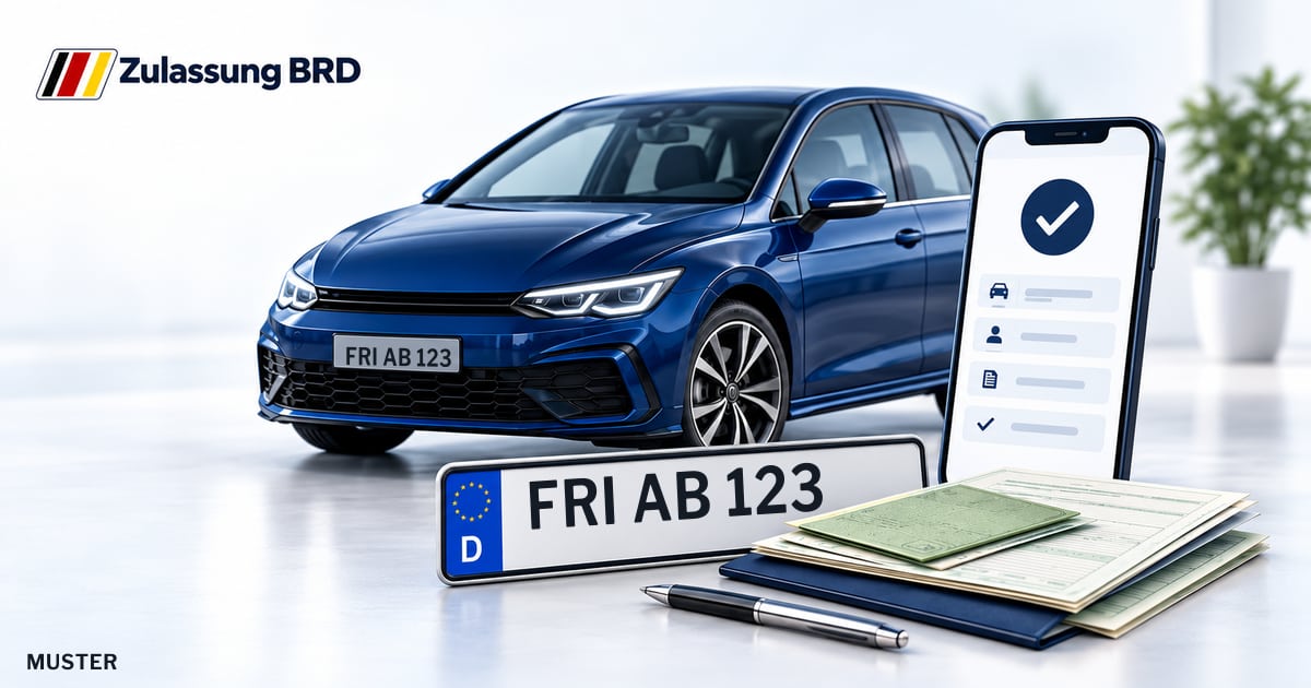 Online Fahrzeugzulassung in Landkreis Friesland: Musterkennzeichen FRI AB 123, Auto und Fahrzeugpapiere und Smartphone. Illustration mit Logo von Zulassung BRD.
